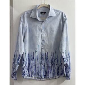 Stone Rose Mens Dress Shirt 5 ( XL) White Sky Blue Purple Pattern Flip‎ Cuff